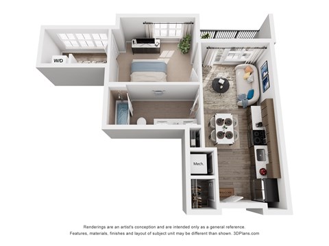 Floor plan for 1 bed, 1 bath, 658 sqft